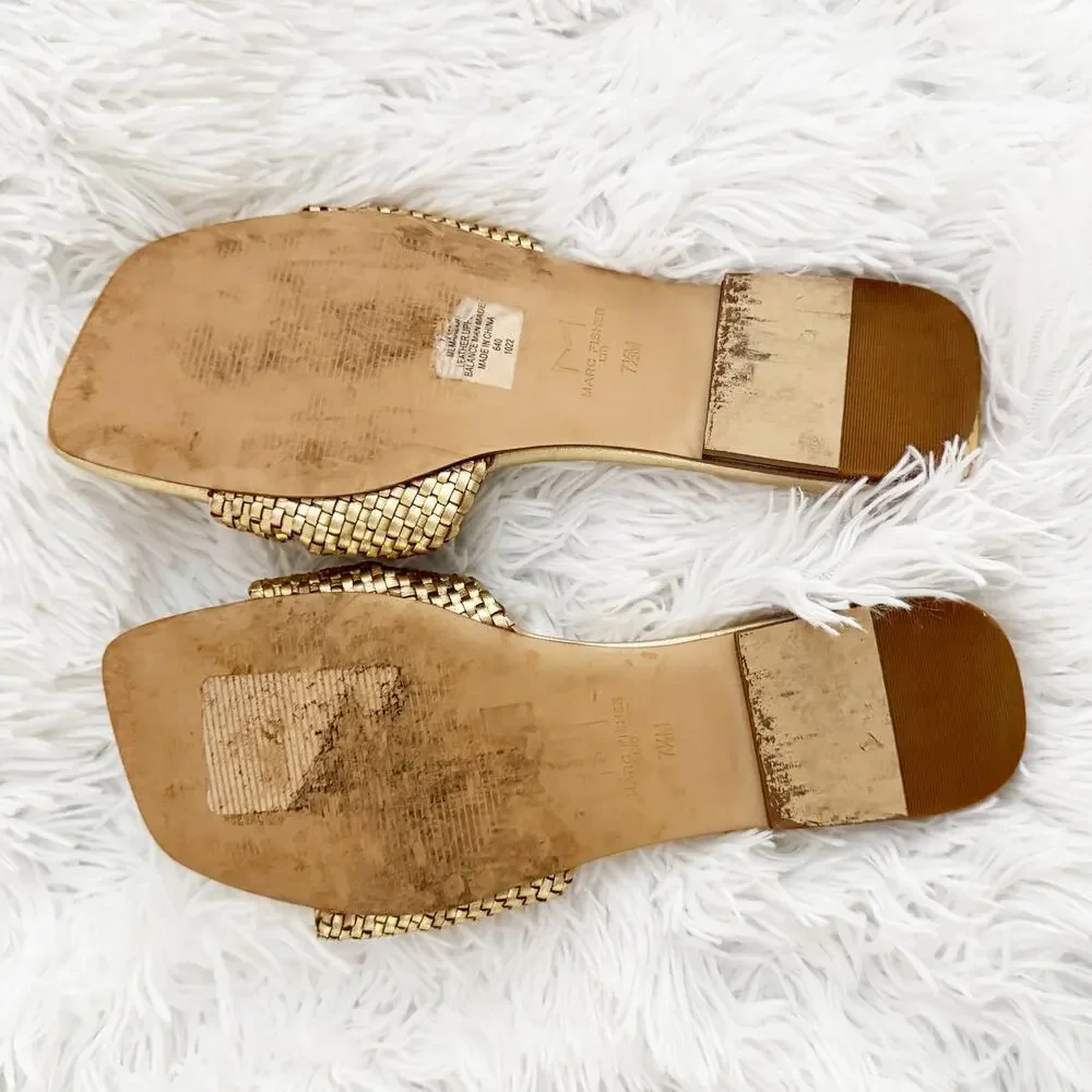 MARC FISHER |‎ Gold Woven Knot Slide Sandals Flat | Size 7.5
